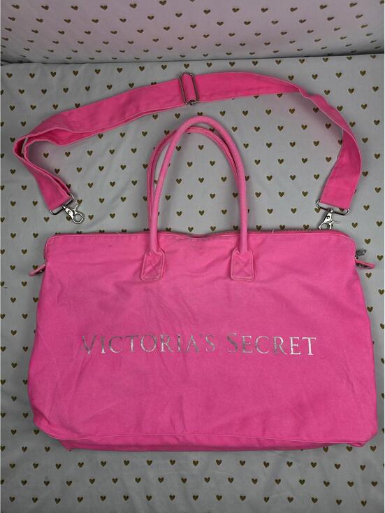 Victoria's Secret Handbags - Victoria's Secret NEON PINK Tote Canvas Logo Duffel Bag Purse Long Strap